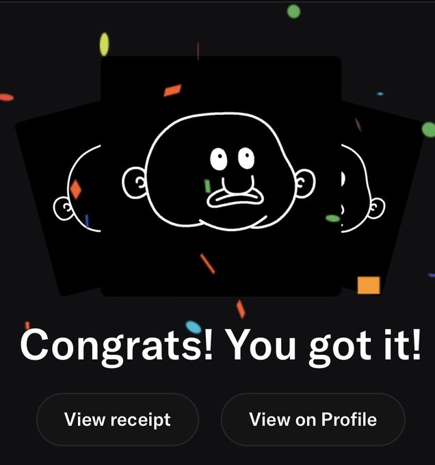 A Roblox-style celebration screen with three cartoon faces appearing from a black box with confetti, displaying the text 'Congrats! You got it!' with buttons for 'View receipt' and 'View on Profile'.