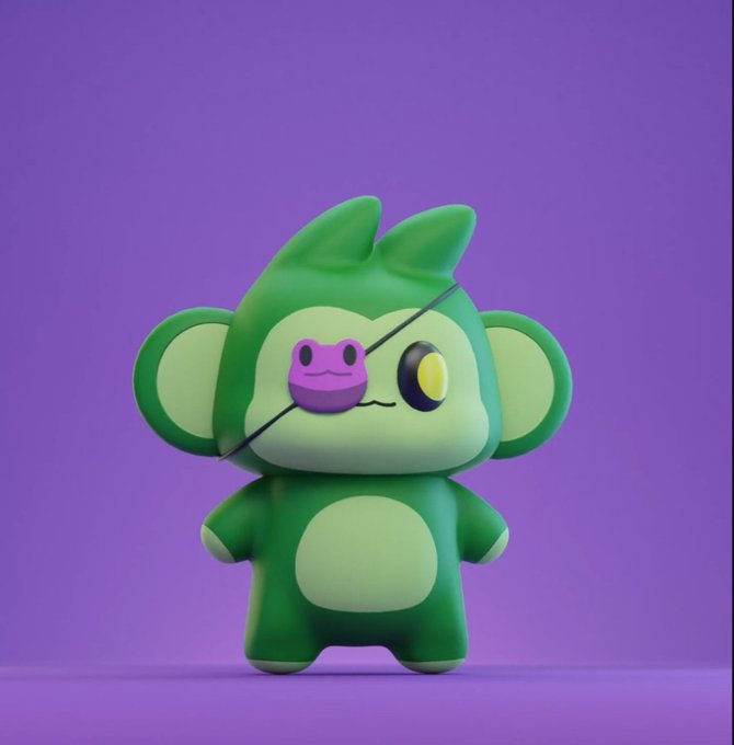 A 3D rendered cartoon character that resembles a green monkey with a light green belly, set against a solid purple background. It has one eye covered by a purple pig-like nose design, and a yellow eye on the other side.