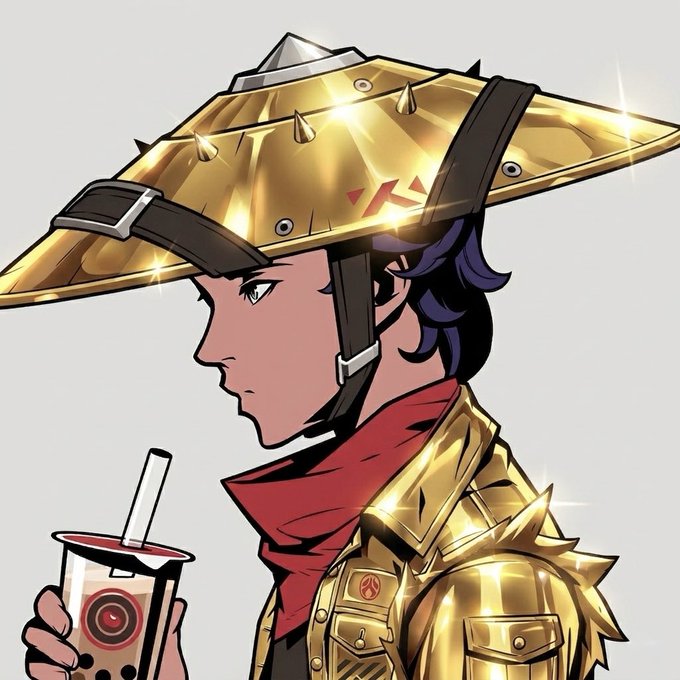 An anime-style character in golden samurai armor with a wide-brimmed spiked helmet drinks boba tea from a cup bearing the logo of "The Galleria," representing the featured NFT project mentioned in the post. The image's striking blend of warrior aesthetics and modern casual refreshment visually reinforces the post's announcement about the project having a supply of 2618.