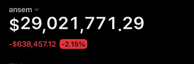 A wallet labeled "ansem" shows a balance of $29,021,771.29, down $638,457.12 (-2.15%) for the day, illustrating the substantial $ANSEM holdings referenced in the post about blknoiz06's record-breaking airdrop distribution.