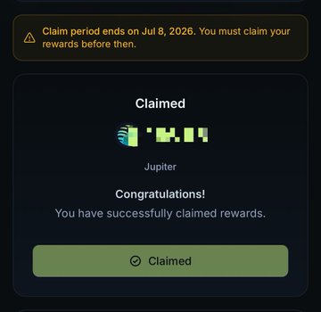 A confirmation screen showing that Jupiter ($JUP) staking rewards have been successfully claimed, with a green "Claimed" button. The post encourages users to claim their January-March ASR rewards before the July 8, 2026 deadline shown in the warning banner, highlighting the ~20.27% APY and approximately 500 JUP earned per 10,000 staked.
