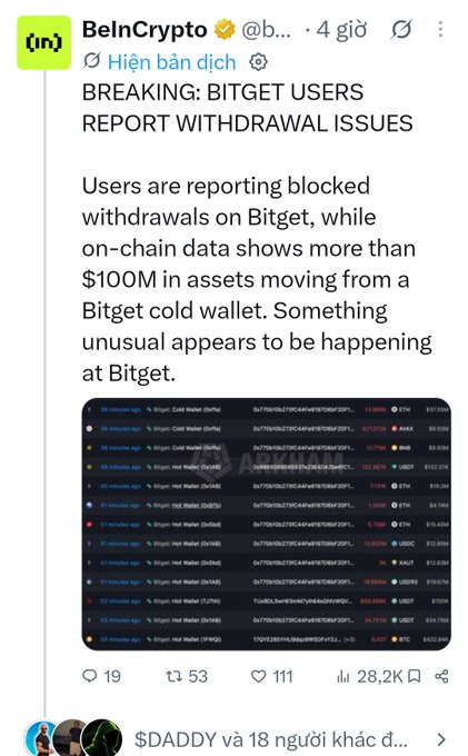 A tweet from BeInCrypto (@b...) reporting "BREAKING: BITGET USERS REPORT WITHDRAWAL ISSUES," stating that users are experiencing blocked withdrawals while on-chain data shows over $100M in assets moving from a Bitget cold wallet, with a screenshot of transaction history below.