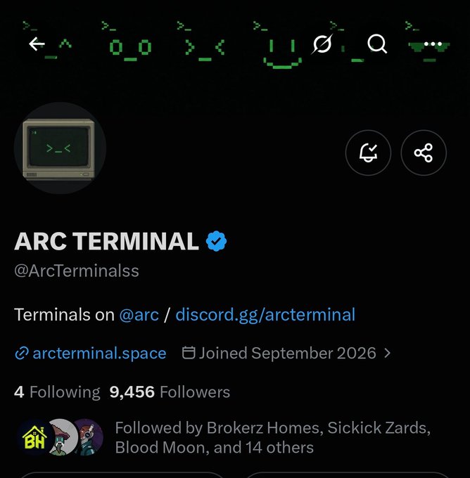 A Twitter/X profile for the verified account "ARC TERMINAL" (@ArcTerminalss), shown with a retro computer terminal avatar, displaying 9,456 followers, a join date of September 2026, and a bio linking to arcterminal.space and discord.gg/arcterminal. The profile features green code-style header graphics and is endorsed in a post promoting it as a hyped free mint to follow.