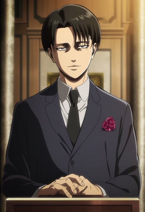 An anime-style illustration of Levi Ackerman from Attack on Titan, wearing a dark blue suit with a red rose boutonniere, sitting behind a desk.
