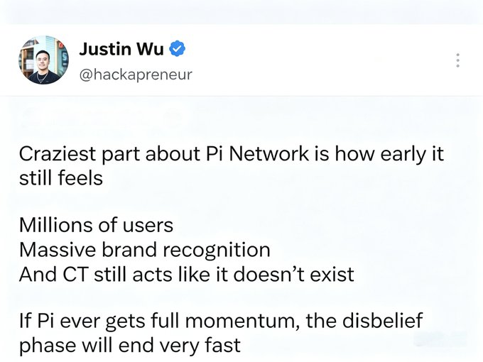 A tweet by Justin Wu (@hackapreneur) stating that Pi Network's craziest aspect is how early-stage it still feels despite having millions of users and massive brand recognition, while crypto Twitter (CT) acts as if it doesn't exist—predicting that once Pi gains full momentum, the disbelief phase will end very fast. The image supports the accompanying post's premise that Pi Network has significant brand recognition and user base that mainstream crypto communities are currently overlooking, which could shift once external financial communities recognize its momentum.