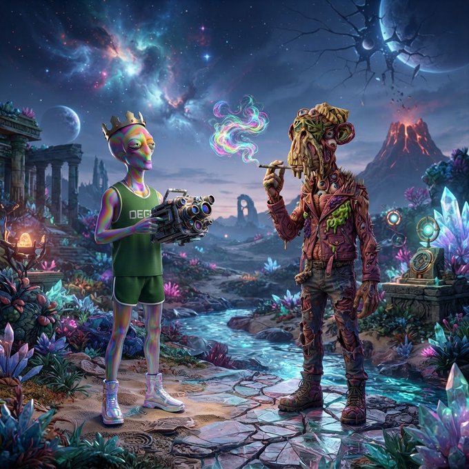 A vibrant fantasy digital artwork depicts an alien in a green 'DEG' jersey holding a camera, facing a bark-covered humanoid smoking a pipe, set against a cosmic landscape with a volcanic mountain.