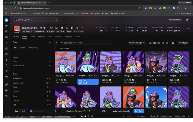An OpenSea webpage showing the 'Wingston by...' NFT collection with 1,665 owners, displaying pixel art cat-like creatures with varying traits, priced in ETH, with a floor price of $17.73 and a total volume of $4,181.10.