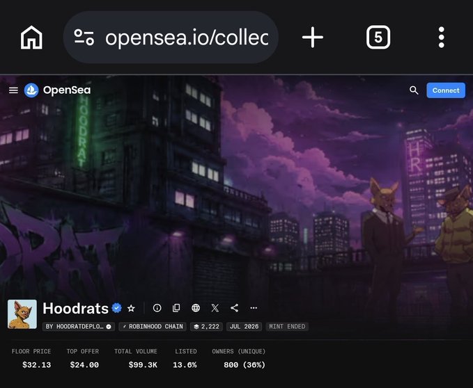 Screenshot of an OpenSea listing for the "Hoodrats" NFT collection showing a floor price of $32.13 (down 23.8% from $42.14), with 800 unique owners and $99.3K total volume.