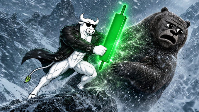 A muscular white bull wearing sunglasses and a black leather trench coat wields a glowing green energy blade while confronting a massive brown bear in a snowy mountain landscape, visually symbolizing the "bullish" battle against bearish market forces. The intense showdown reflects the post's confidence in $BULL's steady, consistent momentum as a competitive advantage in the crypto space.