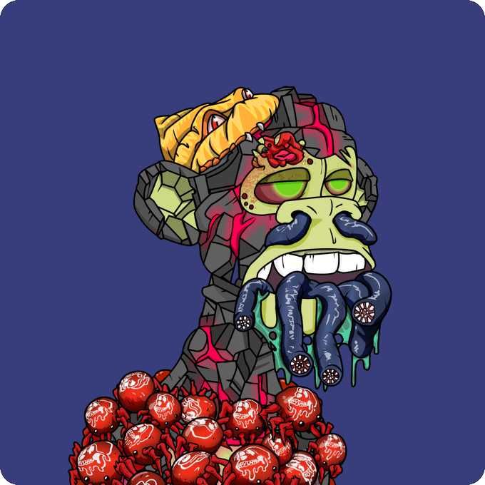 A digital illustration of a green-skinned ape character with mechanical armor, tentacles for a beard, and emerging from a pile of eyeballs against a blue background.