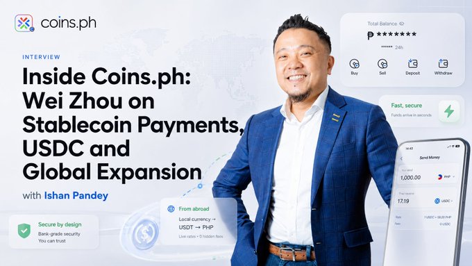 The image is a promotional graphic featuring Coins.ph CEO Wei Zhou alongside a headline reading "Inside Coins.ph: Wei Zhou on Stablecoin Payments, USDC and Global Expansion" with Ishan Pandey, showing mobile app screenshots displaying a ₱17.19 USDC transaction and 24h balance rating, visually reinforcing the interview's themes of stablecoin-powered cross-border payments.