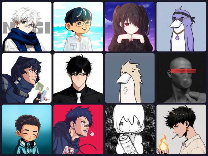 A 4x3 grid of anime-style avatar illustrations featuring various male characters and stylized birds, with the partial text 'NE' visible in the top-left tile.