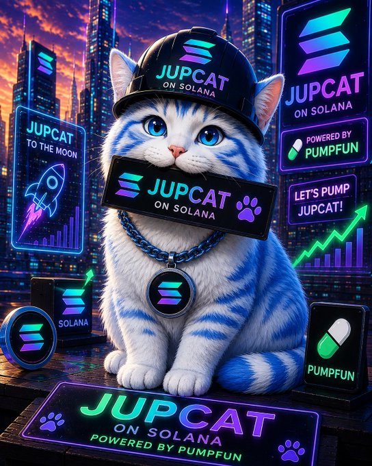 A digital graphic featuring an adorable blue and white cat wearing a cap that reads "JUPCAT ON SOLANA," set against a vibrant cyberpunk cityscape with Solana logos and a "POWERED BY PUMPFUN" label.