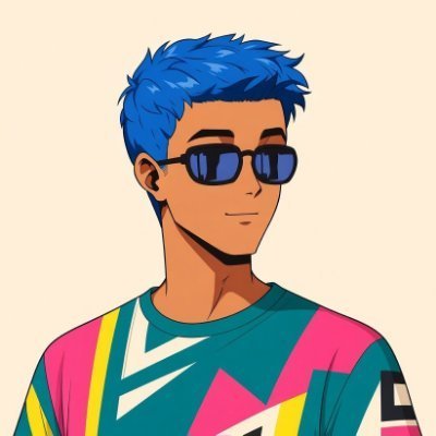 An anime-style digital illustration of a young man with spiky blue hair, wearing black rectangular sunglasses and a colorful patterned shirt.