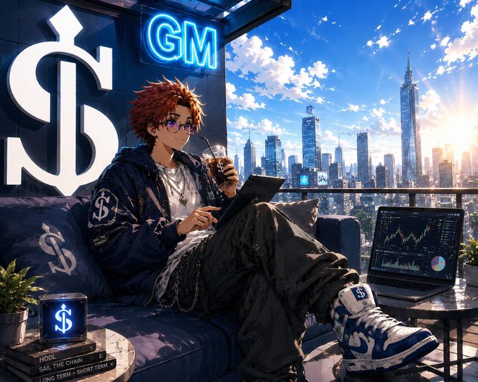 An anime-style illustration of a red-haired character sitting on a couch on a rooftop terrace overlooking a city skyline, holding a tablet, surrounded by dollar sign ($) symbols, a 'GM' neon sign, and a laptop displaying trading charts.