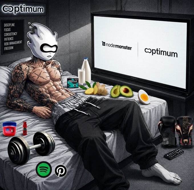 An illustrated muscular figure in a white mask relaxing on a bed surrounded by fitness items, protein, supplements, and a TV displaying 'nodemonster optimum'.