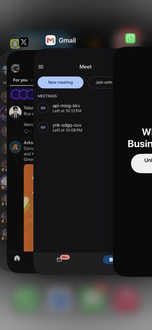 An iPhone app switcher view shows the Gmail and Google Meet apps open, with the Meet app displaying two past meetings: 'api-misg-kkv' and 'ynk-cdgg-cuv'.