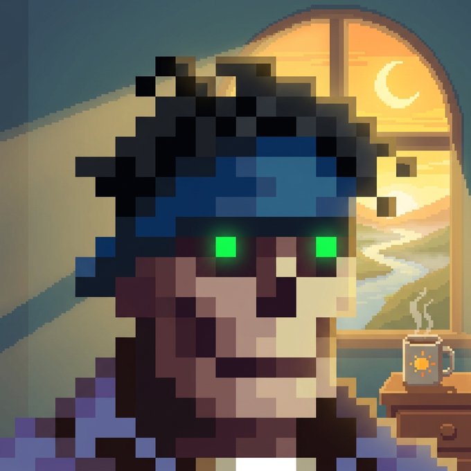 A pixel art portrait of a person with green glowing eyes looking toward a window at sunset, with a steaming mug on a desk nearby.