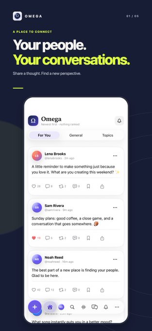 A mockup of the Omega social media app with the tagline 'A PLACE TO CONNECT' and 'Your people. Your conversations.'