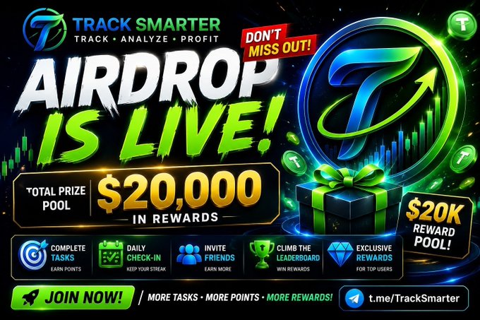 A vibrant promotional graphic for 'TRACK SMARTER' announcing 'AIRDROP IS LIVE!' with a $20,000 total prize pool, featuring task icons, a glowing green logo, and a call to 'JOIN NOW!' at t.me/TrackSmarter.