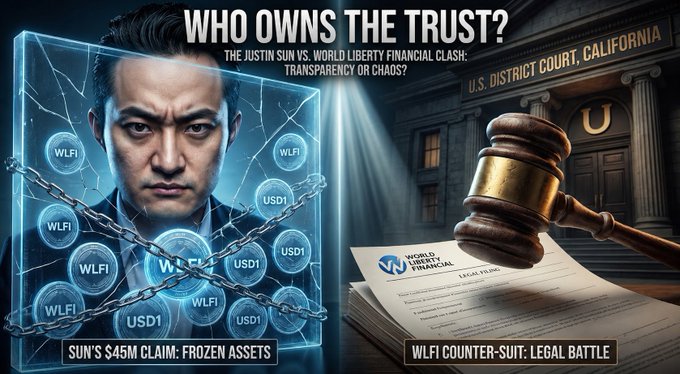A graphic titled 'WHO OWNS THE TRUST?' depicting the Justin Sun vs. World Liberty Financial clash, showing Justin Sun encased in chains with WLFI and USD1 tokens, alongside a courtroom scene with a legal filing.