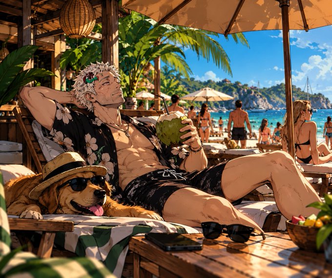 Anime-style illustration of a man in a floral shirt relaxing with a coconut drink at a tropical beach, with a golden retriever wearing a hat and sunglasses beside him.