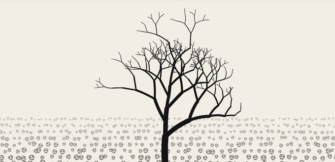 A stark, stylized illustration of a bare tree with intricate branching stands against a muted gray background, surrounded by a dense field of small skull-like symbols at the base. The image's themes of growth, death, and symbolism evoke the eerie, metaphysical tone of the "$OMEN" crypto token, with the tree's reaching branches suggesting ascension or expansion amid an ominous environment.