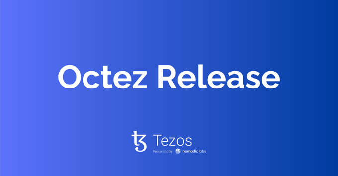 A blue gradient graphic displaying the text 'Octez Release' with the Tezos logo and 'Presented by nomadic labs' below.