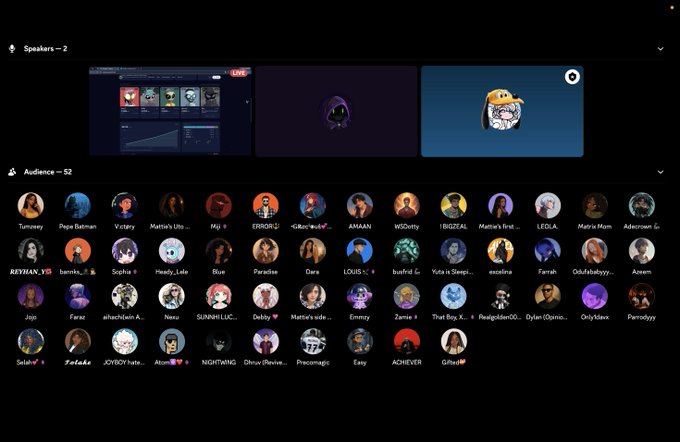 A screenshot of a Clubhouse or similar audio chat room interface with 2 speakers (showing 3 speaker panels including a LIVE stream and a penguin avatar) and an audience of 52 people.