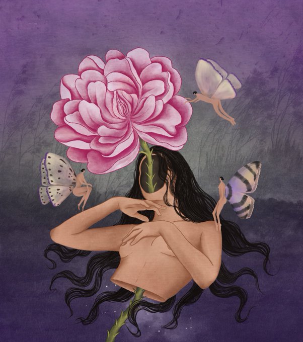 A surreal illustration depicts a woman with a large pink rose blooming where her face should be, surrounded by three small winged fairy-like figures with butterfly wings against a purple sky.