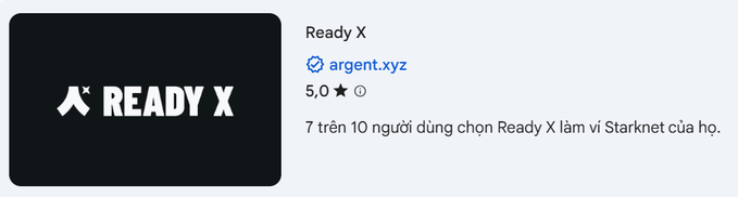 Ready X listing on argent.xyz with a 5.0 rating and text in Vietnamese stating '7 trên 10 người dùng chọn Ready X làm ví Starnet của họ.'