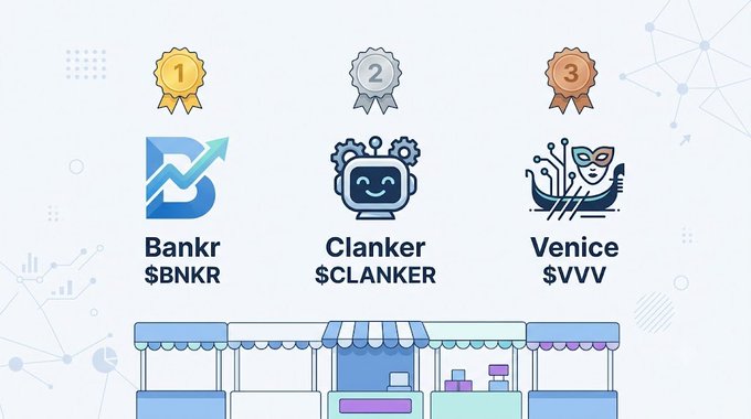 A promotional graphic showing a top three ranking for crypto projects: 1st place Bankr ($BNKR), 2nd place Clanker ($CLANKER), and 3rd place Venice ($VVV), displayed above a market stall illustration.