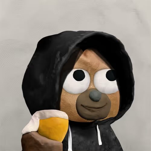 A plush toy or figure of a character wearing a black hoodie, holding a glass of beer, with large cartoon eyes and a brown muzzle.