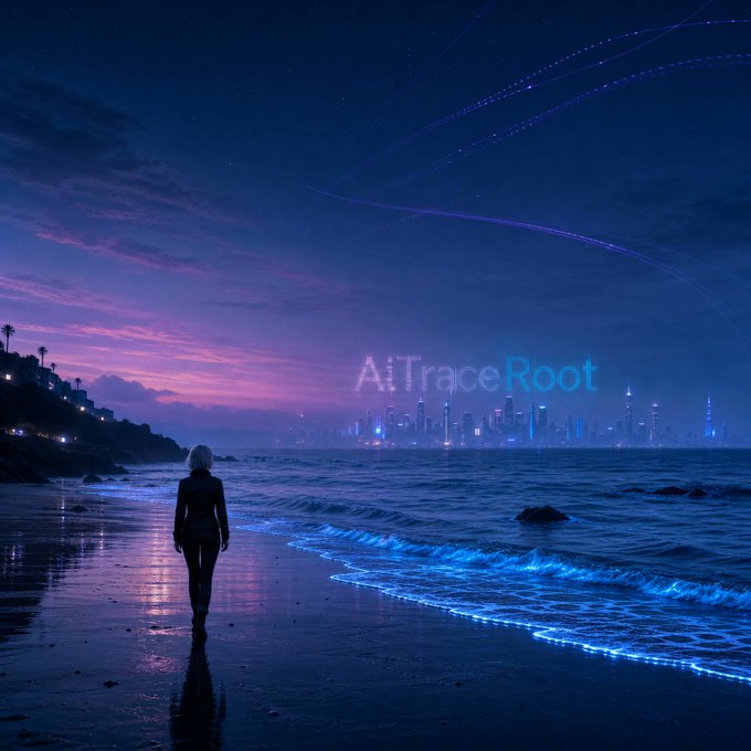 A lone figure walks along a glowing shoreline at dusk, gazing toward a futuristic city skyline streaked with luminous arcs, while "AiTraceRoot" hovers in the sky—mirroring the post's theme of the brand quietly tracking data and markets even while the world rests on a Saturday.