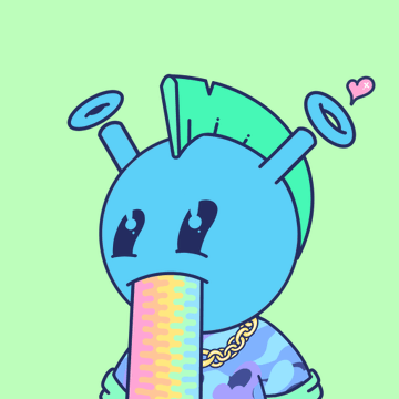 A blue cartoon alien character with a green mohawk and two halo-like antennas appears to be vomiting a rainbow, reflecting the Quirkie #3974 NFT that just sold for 1.75 ETH ($3,346) on OpenSea.