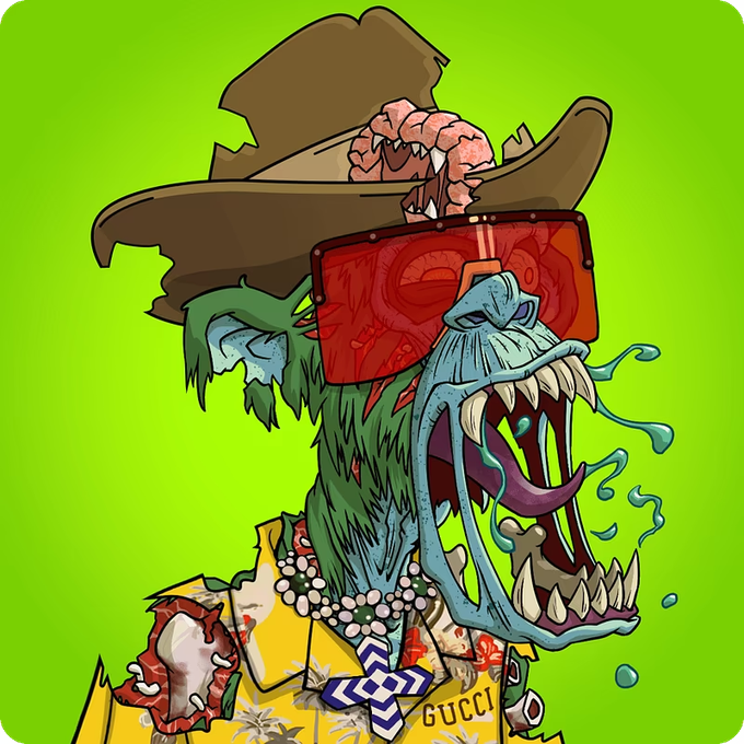 In the image, there's an illustration of a monkey wearing a hat and sunglasses with its mouth open wide as if roaring or growling. The monkey appears to be wearing a shirt that says "Gucci Grail" and has a necklace around its neck. The background is green, which contrasts with the colorful attire of the monkey. The caption at the bottom of the image reads: "Focus on what is in the image and how it relates to the post".
