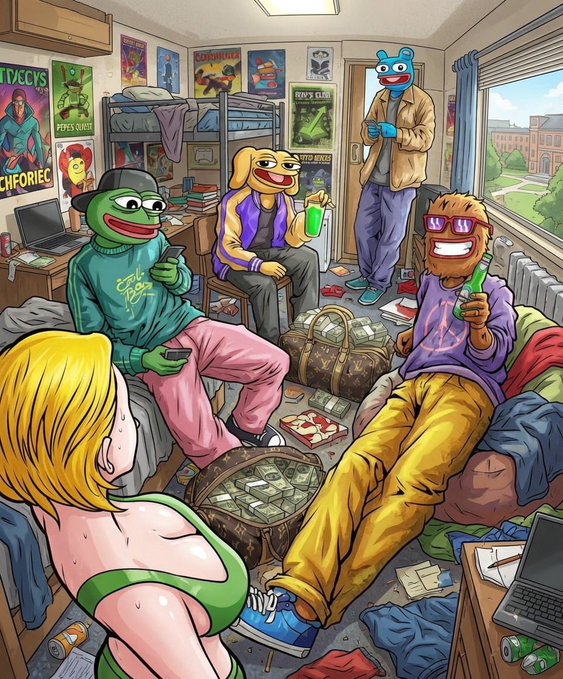 An illustration of a messy dorm room filled with several anthropomorphic characters, including frogs and a bear, sitting on furniture around piles of money and items.