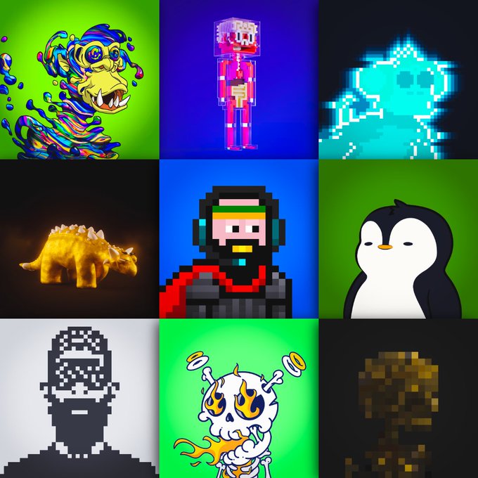 A 3-by-3 collage of colorful digital art and pixel-art figures, including dragon-like creatures, a vending-machine character, a blue pixel animal, a triceratops, a penguin-like figure, a hooded person, and a fiery horned character.