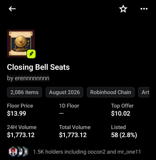 An OpenSea page for the "Closing Bell Seats" NFT collection by erennnnnnnn on the Robinhood Chain with a floor price of $13.99.