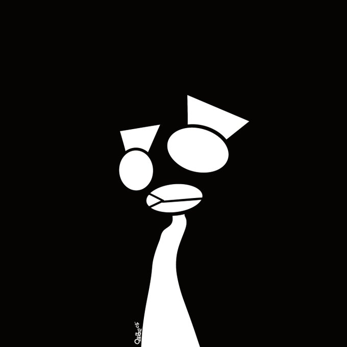 A minimalist black and white cartoon illustration of a character with large oval eyes, a wide mouth, and an elongated neck, signed 'Chrissie' at the bottom.