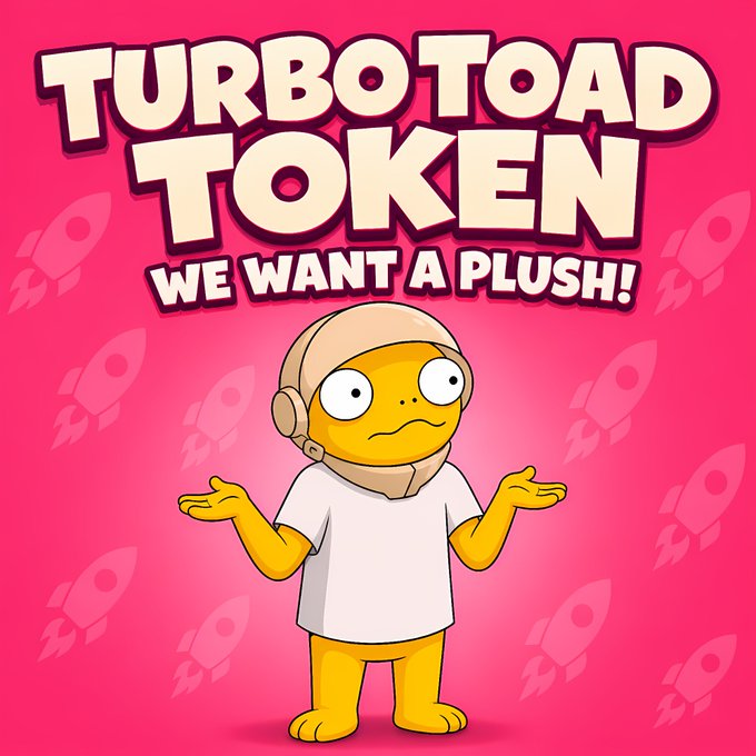 A cartoon illustration of a yellow character wearing a pilot helmet and white t-shirt on a pink background with rocket ship patterns and the text 'TURBOTOAD TOKEN - WE WANT A PLUSH!'.
