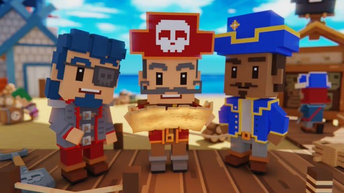 Three blocky, voxel-style pirate characters—a blue-haired pirate with an eyepatch, a captain in a red hat with a skull emblem, and a sailor in a blue hat—stand together on a wooden dock holding a treasure map, fitting the article's theme of a blockchain pirate game studio shutting down amid the waning crypto game trend.
