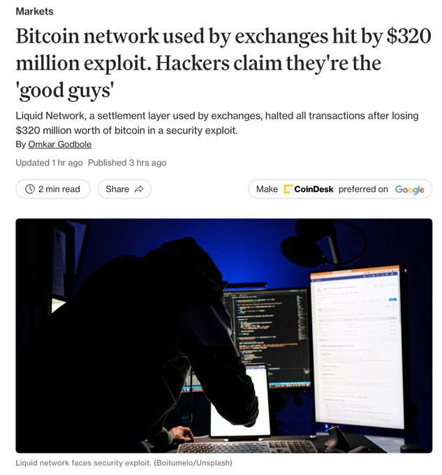 CoinDesk article headline: 'Bitcoin network used by exchanges hit by $320 million exploit. Hackers claim they're the good guys' — about Liquid Network halting transactions.