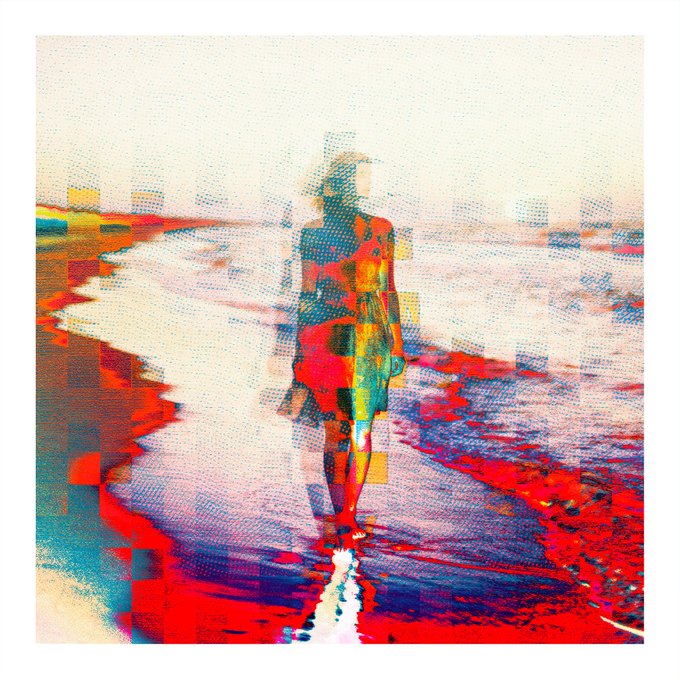 A pixelated, glitch-style digital artwork showing a silhouetted figure in a vibrant red, blue, and yellow landscape.