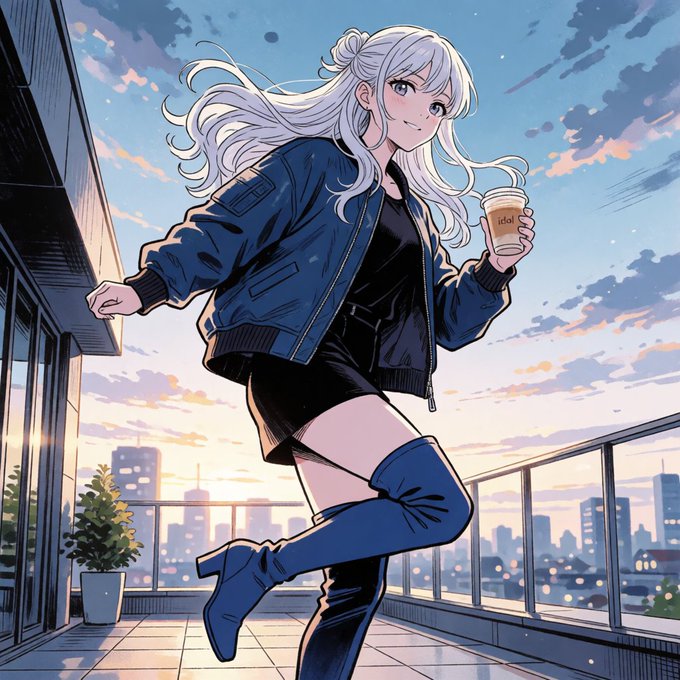 An anime-style illustration of a white-haired girl in a blue jacket and boots holding an iced coffee cup on a balcony at sunset.