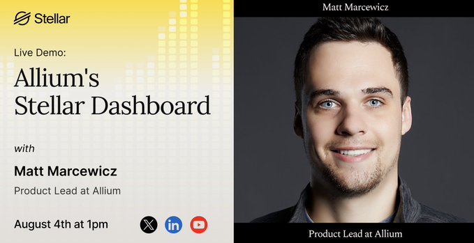 The image is a promotional graphic for a live demo event titled "Allium's Stellar Dashboard," featuring a headshot of Matt Marcewicz, Product Lead at Allium, scheduled for August 4th at 1pm with streaming availability on X, LinkedIn, and YouTube—directly supporting the announcement of a live product demo across multiple platforms.