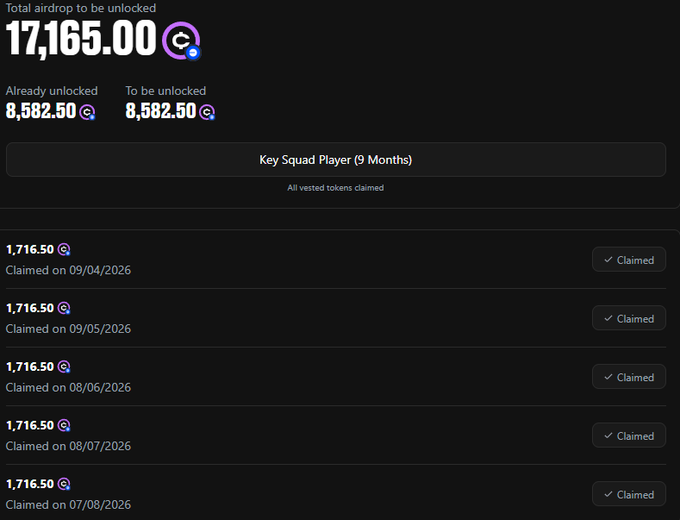 A token vesting dashboard shows a total airdrop of 17,165.00 $OFC, with 8,582.50 already unlocked and 8,582.50 remaining, displaying individual monthly claims of 1,716.50 $OFC marked as "Claimed" across multiple dates from July to September 2026, illustrating the project's vesting schedule that the post criticizes as a replayed token unlock strategy.