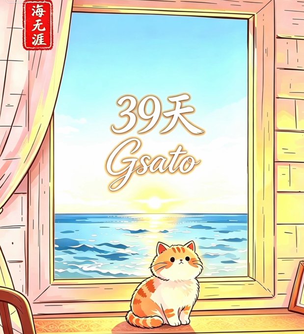 An anime-style illustration of a cat sitting by a window looking at the ocean, with the text '39天' and 'Gsato' displayed.