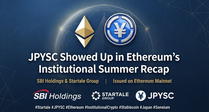 A promotional graphic featuring Ethereum and Yen (¥) logos with the text 'JPYSC Showed Up in Ethereum's Institutional Summer Recap,' mentioning SBI Holdings and Startale Group, issued on Ethereum Mainnet.