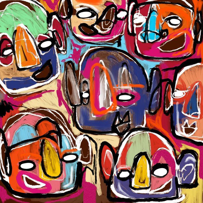 An abstract, colorful digital painting features multiple stylized, mask-like faces in vibrant shades of blue, pink, orange, and brown.